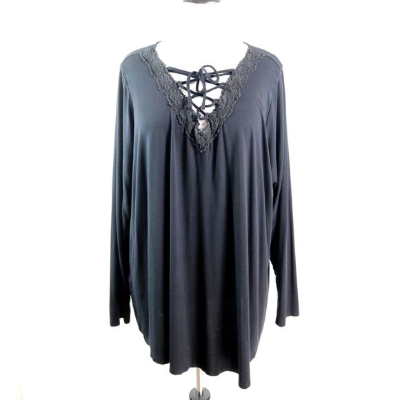 Torrid Size 4X 4 Super Soft Lace Trim Tye Tee Lattice V Neck Black - Picture 3 of 10